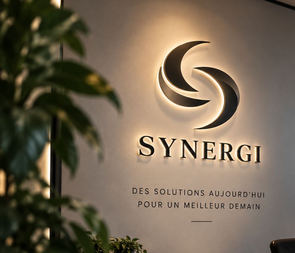 Le logo et la signature de Synergi Agency en lettrage mural.